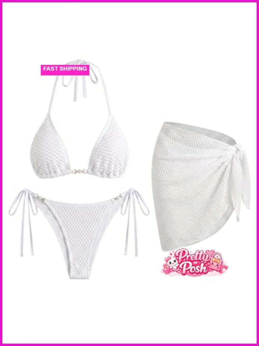 3 Piece Crochet Halter Bikini Set with Cover Up - Thong Bottom